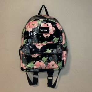 Betsey Johnson black patent leather backpack with floral pattern. Like new